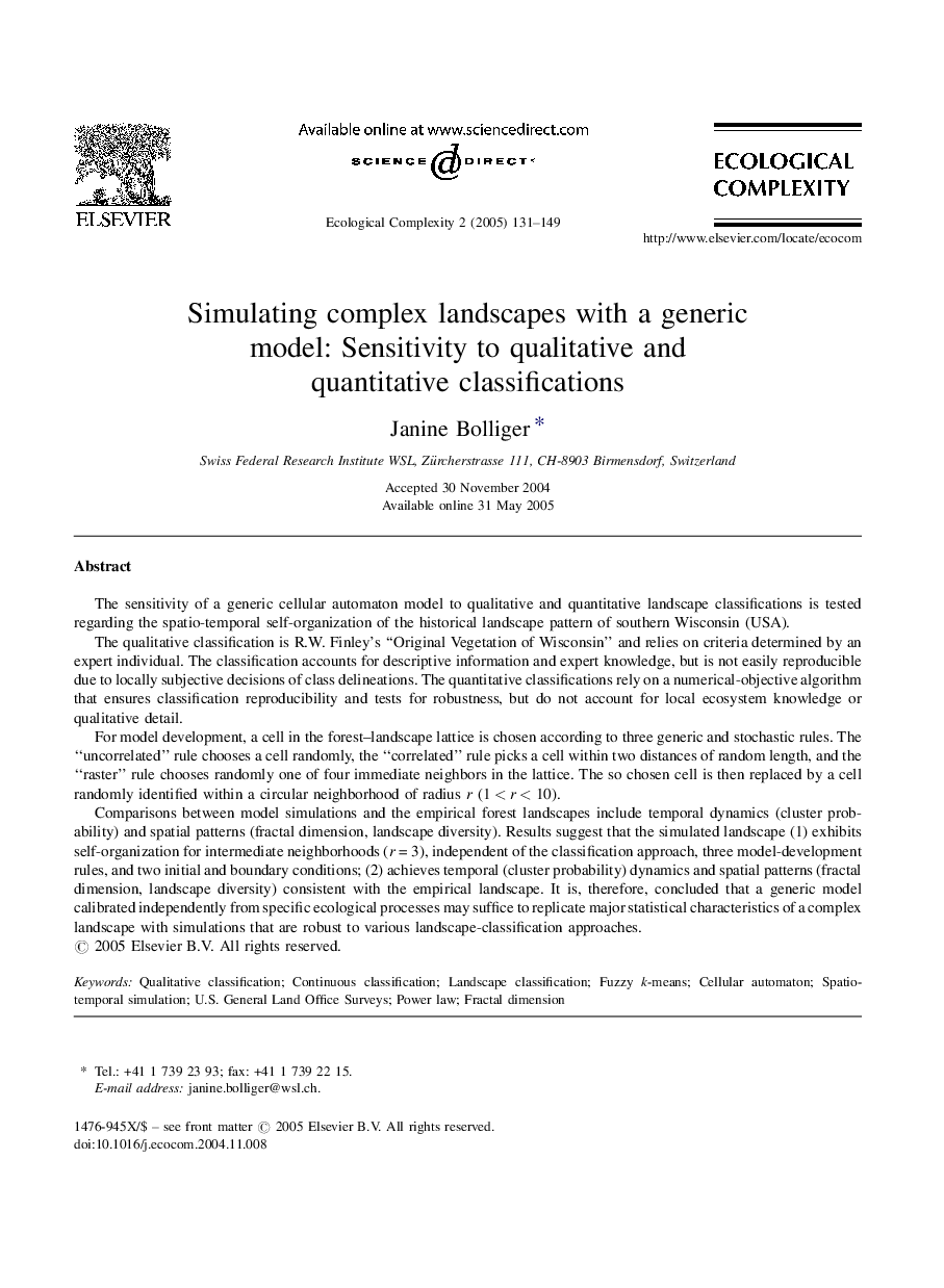 Simulating complex landscapes with a generic model: Sensitivity to qualitative and quantitative classifications