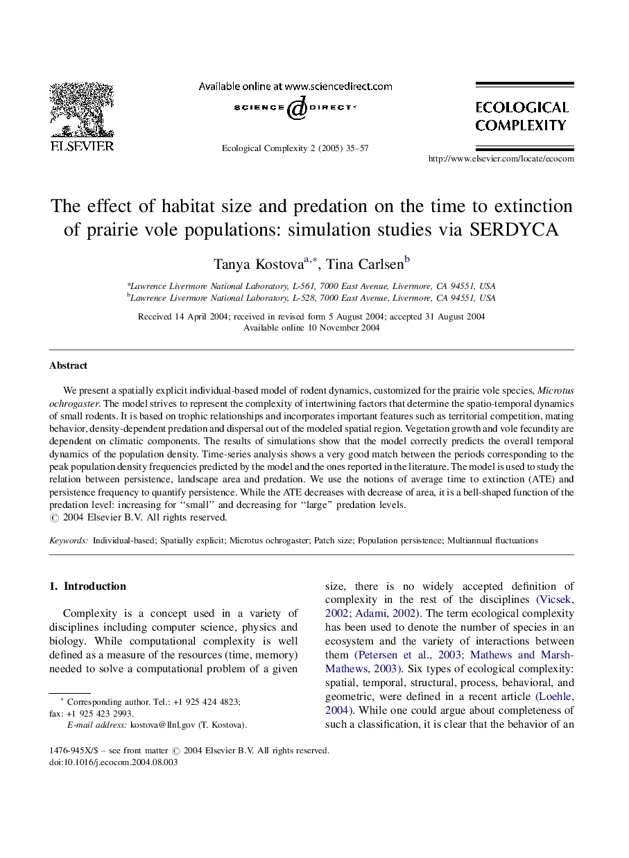 The effect of habitat size and predation on the time to extinction of prairie vole populations: simulation studies via SERDYCA