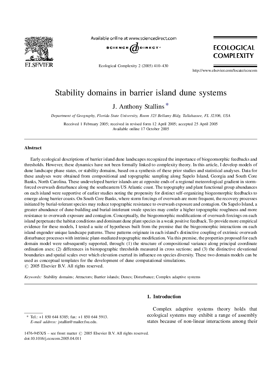 Stability domains in barrier island dune systems