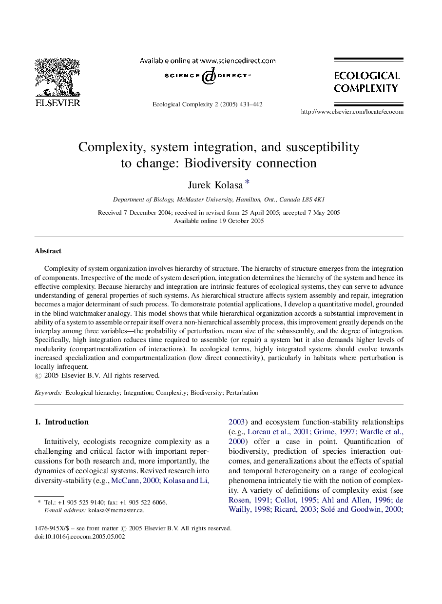 Complexity, system integration, and susceptibility to change: Biodiversity connection