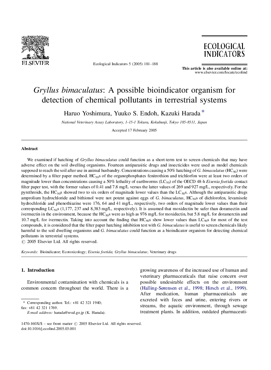 Gryllus bimaculatus: A possible bioindicator organism for detection of chemical pollutants in terrestrial systems