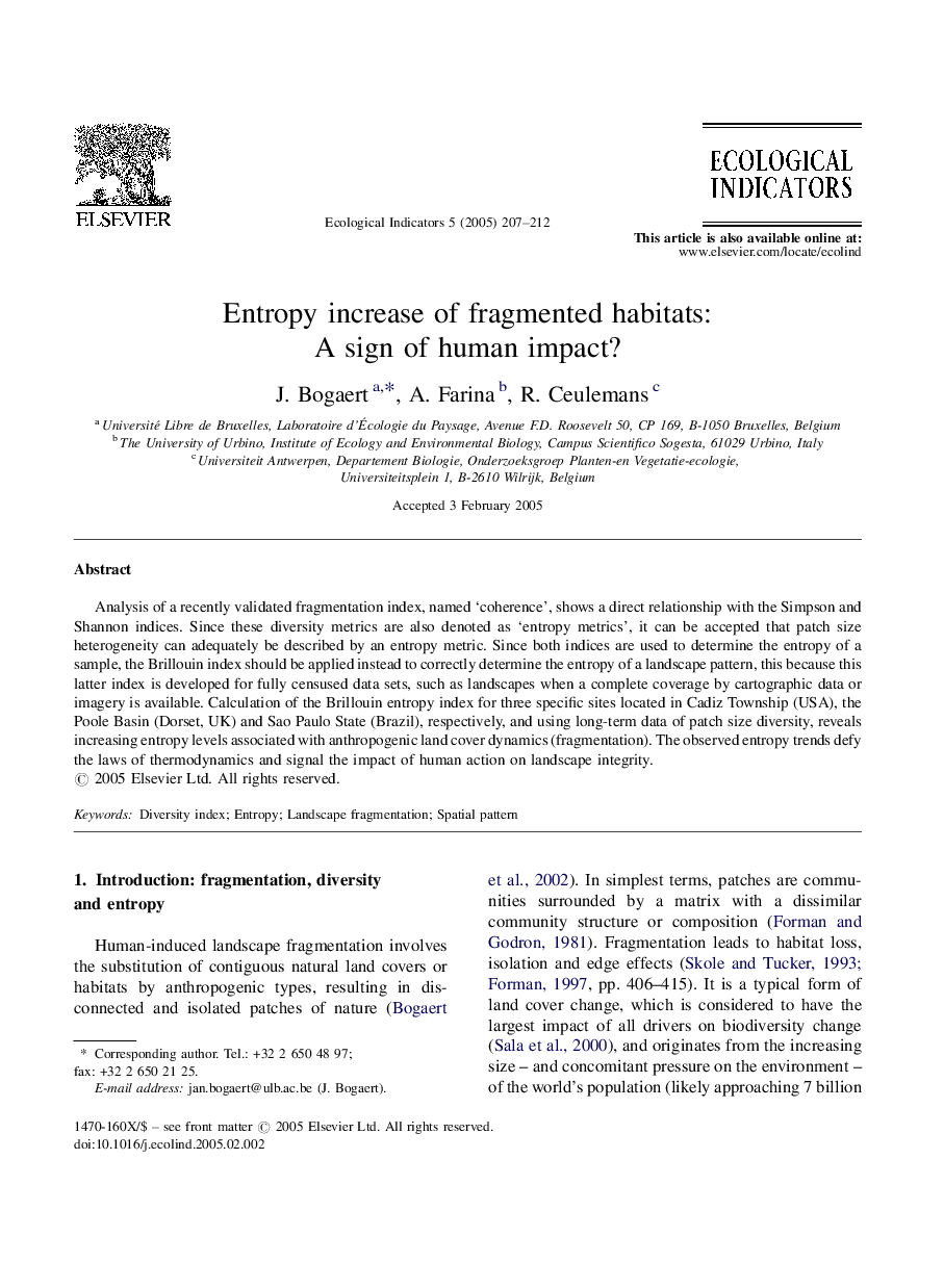 Entropy increase of fragmented habitats: A sign of human impact?