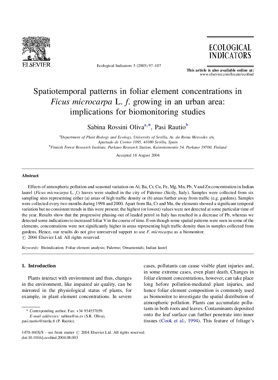 Spatiotemporal patterns in foliar element concentrations in Ficusmicrocarpa L. f. growing in an urban area: implications for biomonitoring studies