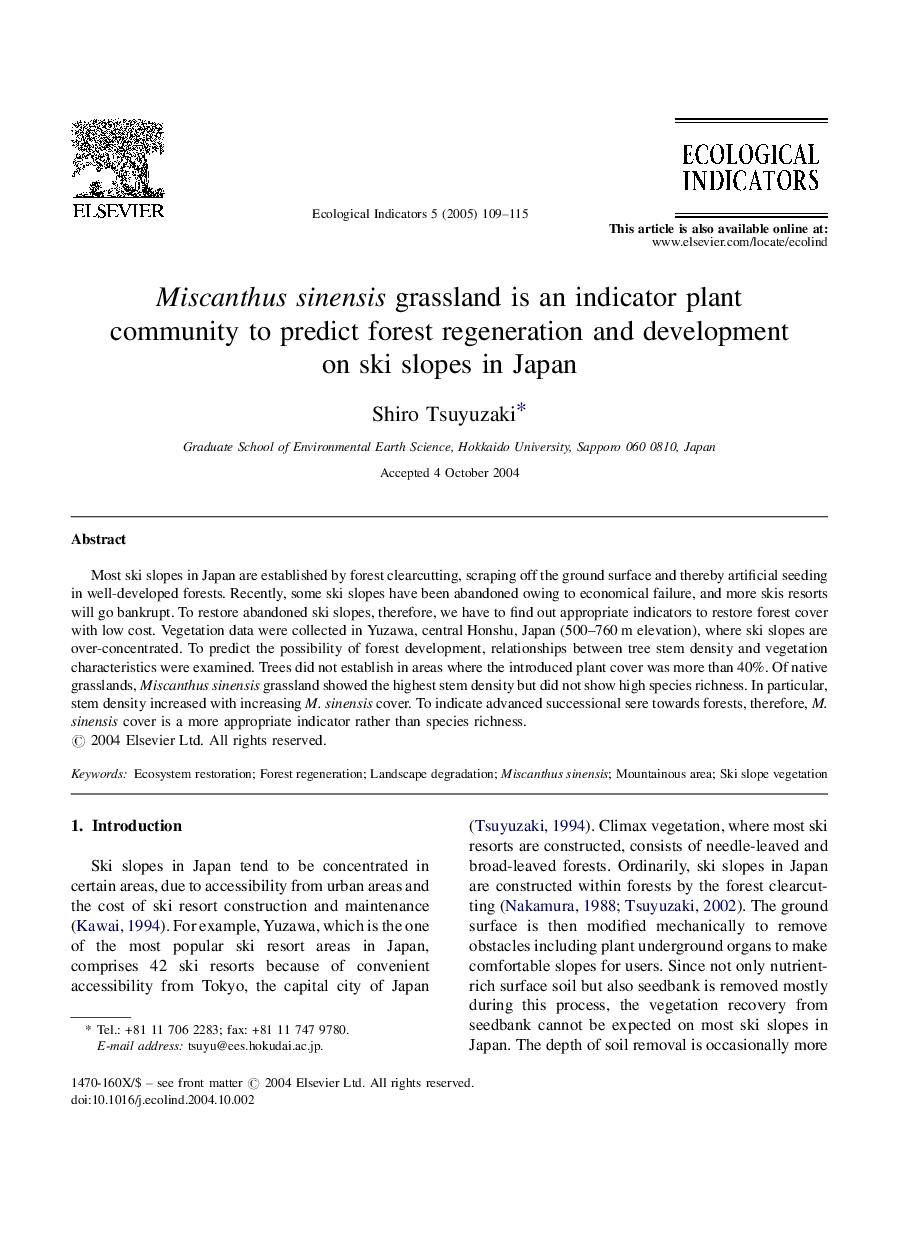 Miscanthus sinensis grassland is an indicator plant community to predict forest regeneration and development on ski slopes in Japan