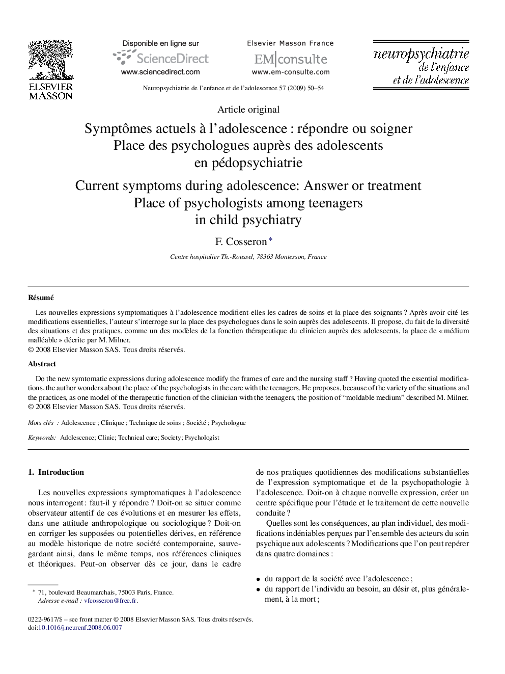 Symptômes actuels à l’adolescence : répondre ou soigner: Place des psychologues auprès des adolescents en pédopsychiatrie