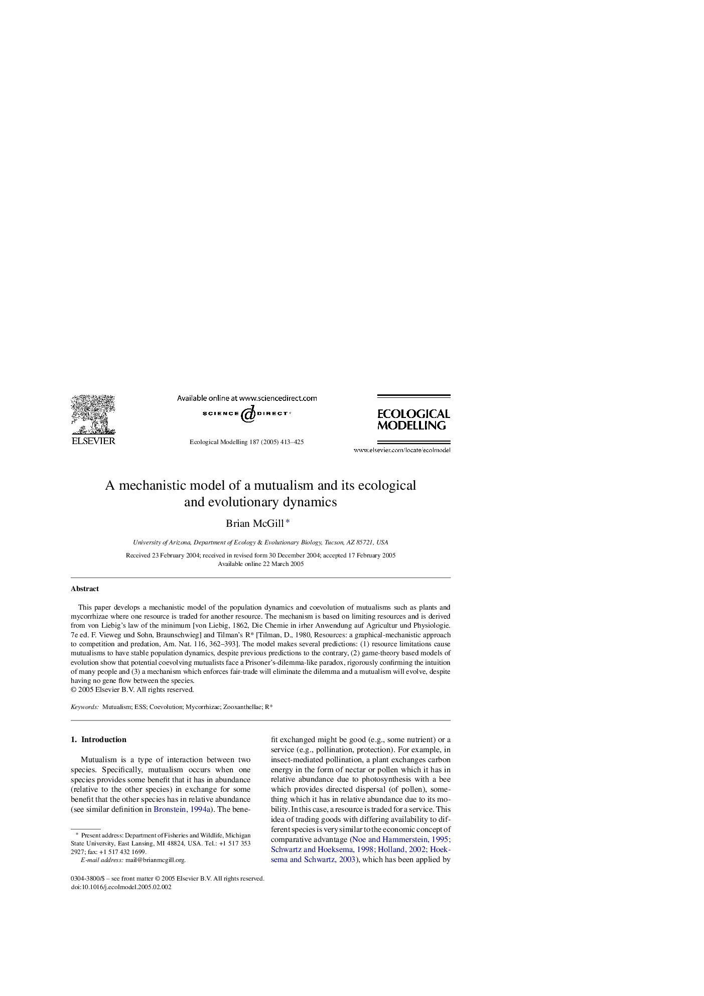 A mechanistic model of a mutualism and its ecological and evolutionary dynamics