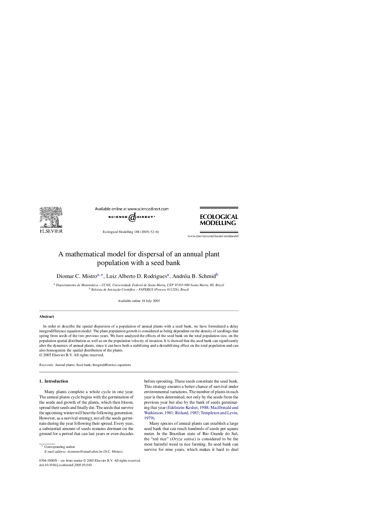 A mathematical model for dispersal of an annual plant population with a seed bank