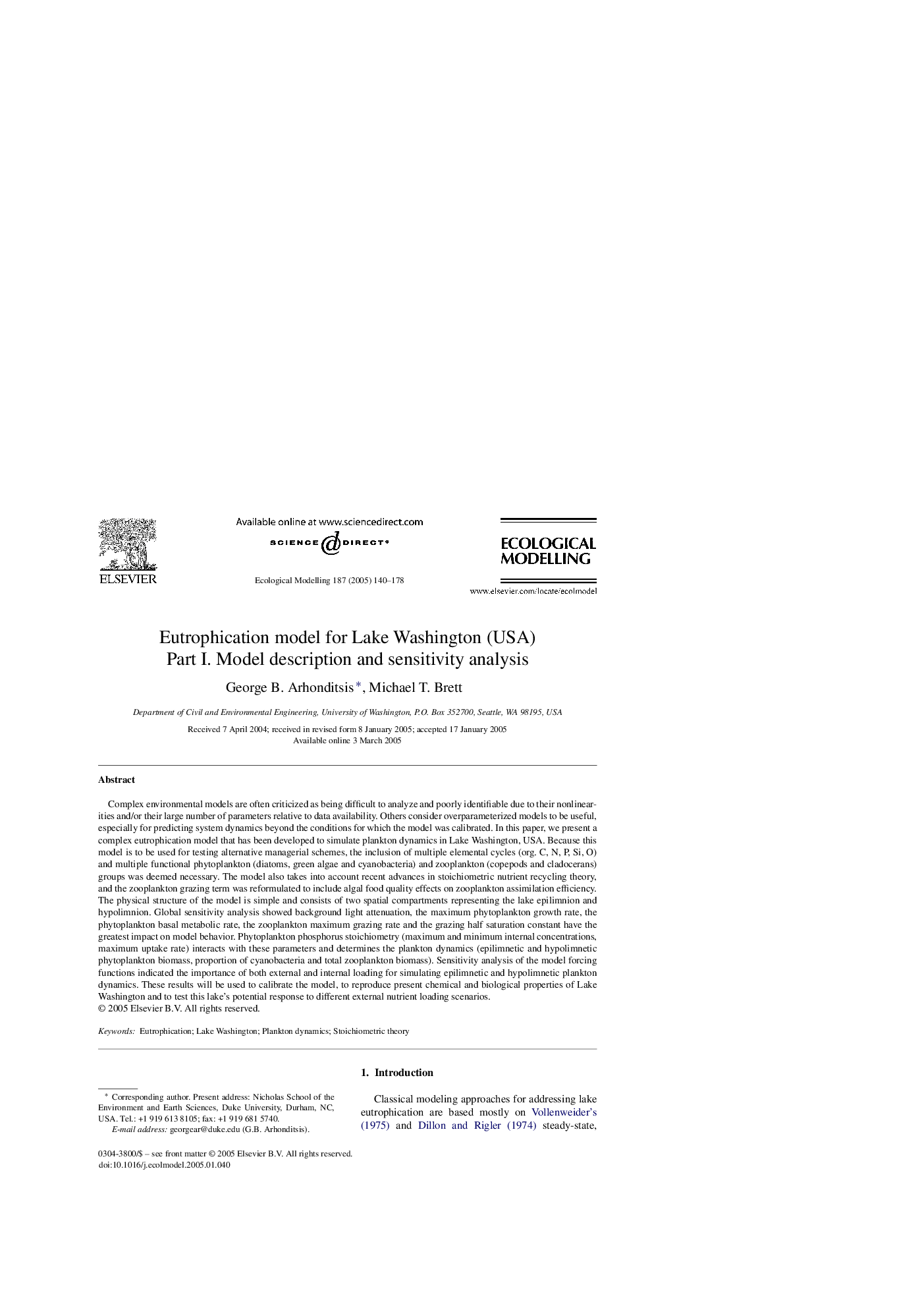 Eutrophication model for Lake Washington (USA)