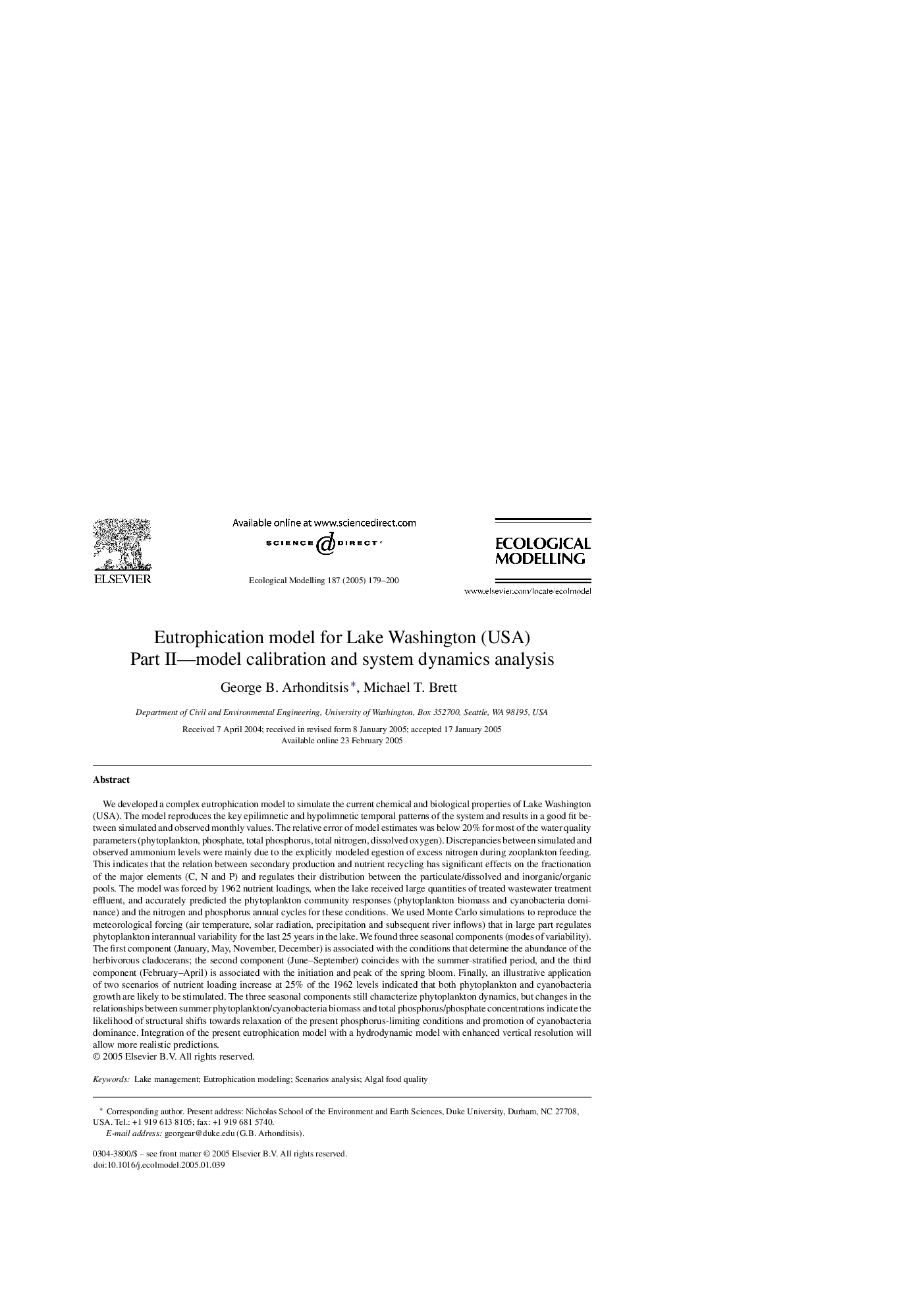 Eutrophication model for Lake Washington (USA)