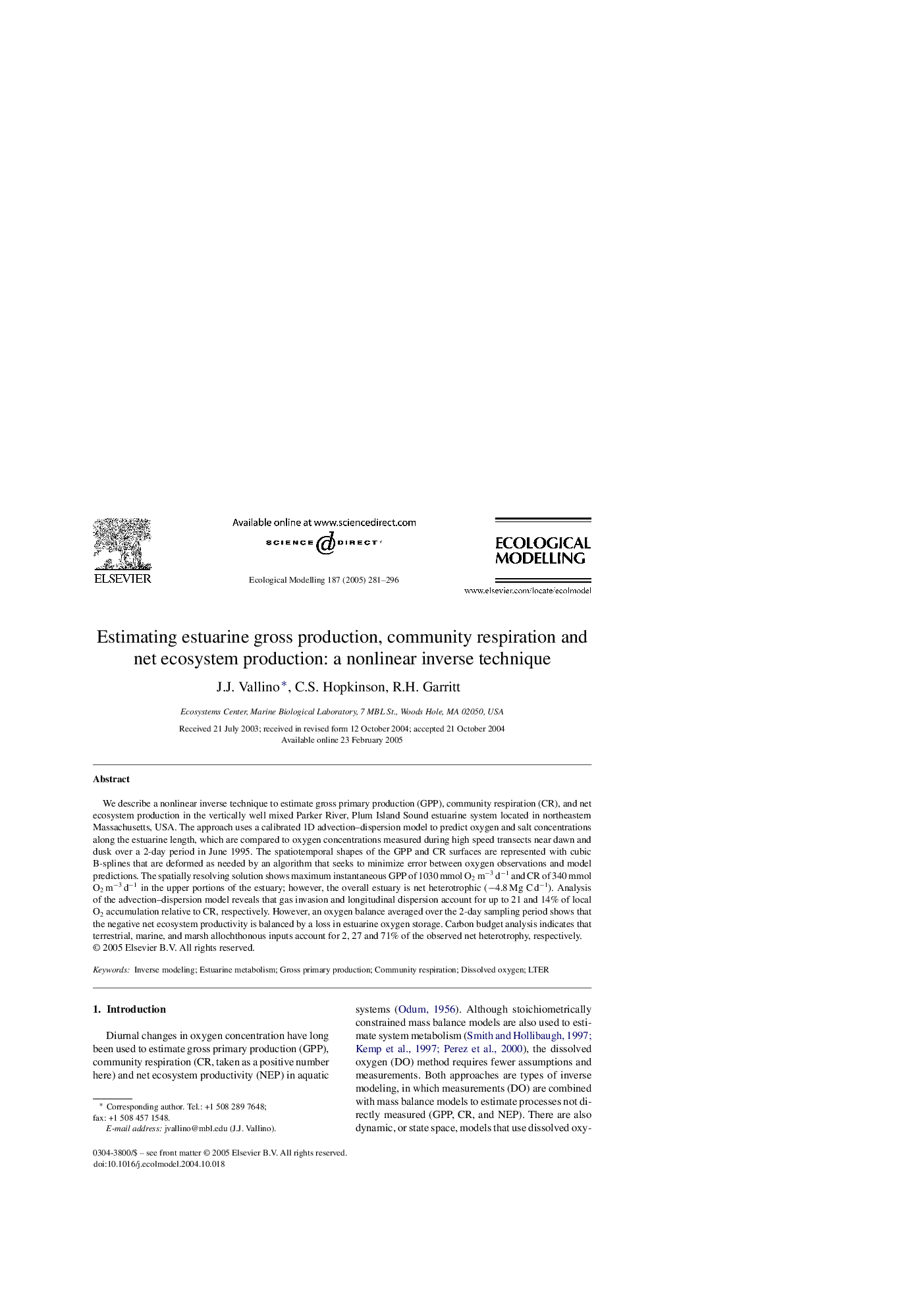 Estimating estuarine gross production, community respiration and net ecosystem production: a nonlinear inverse technique