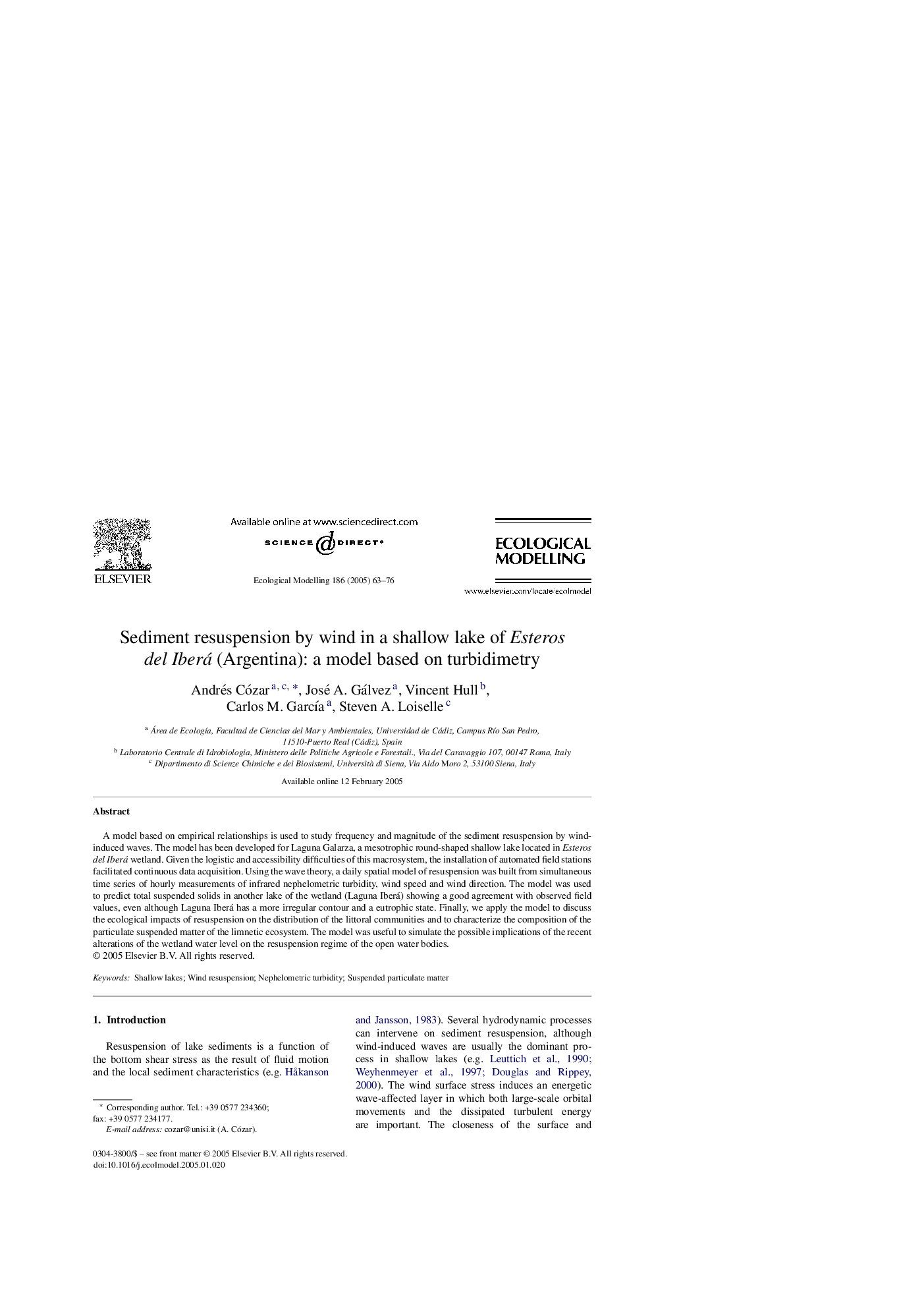 Sediment resuspension by wind in a shallow lake of Esteros del Iberá (Argentina): a model based on turbidimetry