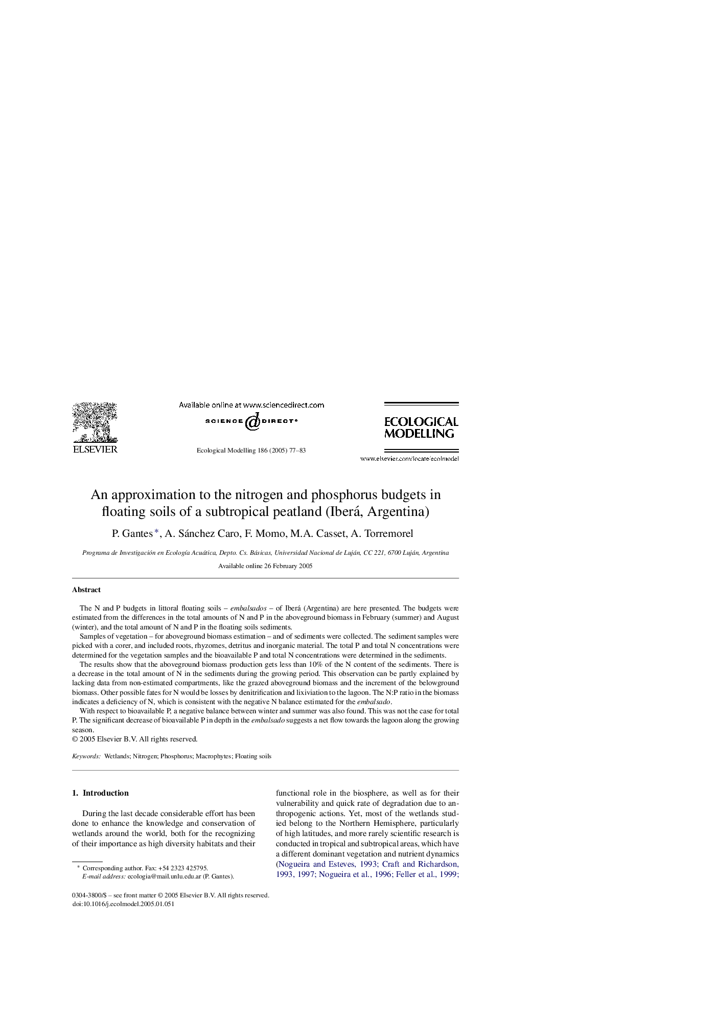 An approximation to the nitrogen and phosphorus budgets in floating soils of a subtropical peatland (Iberá, Argentina)
