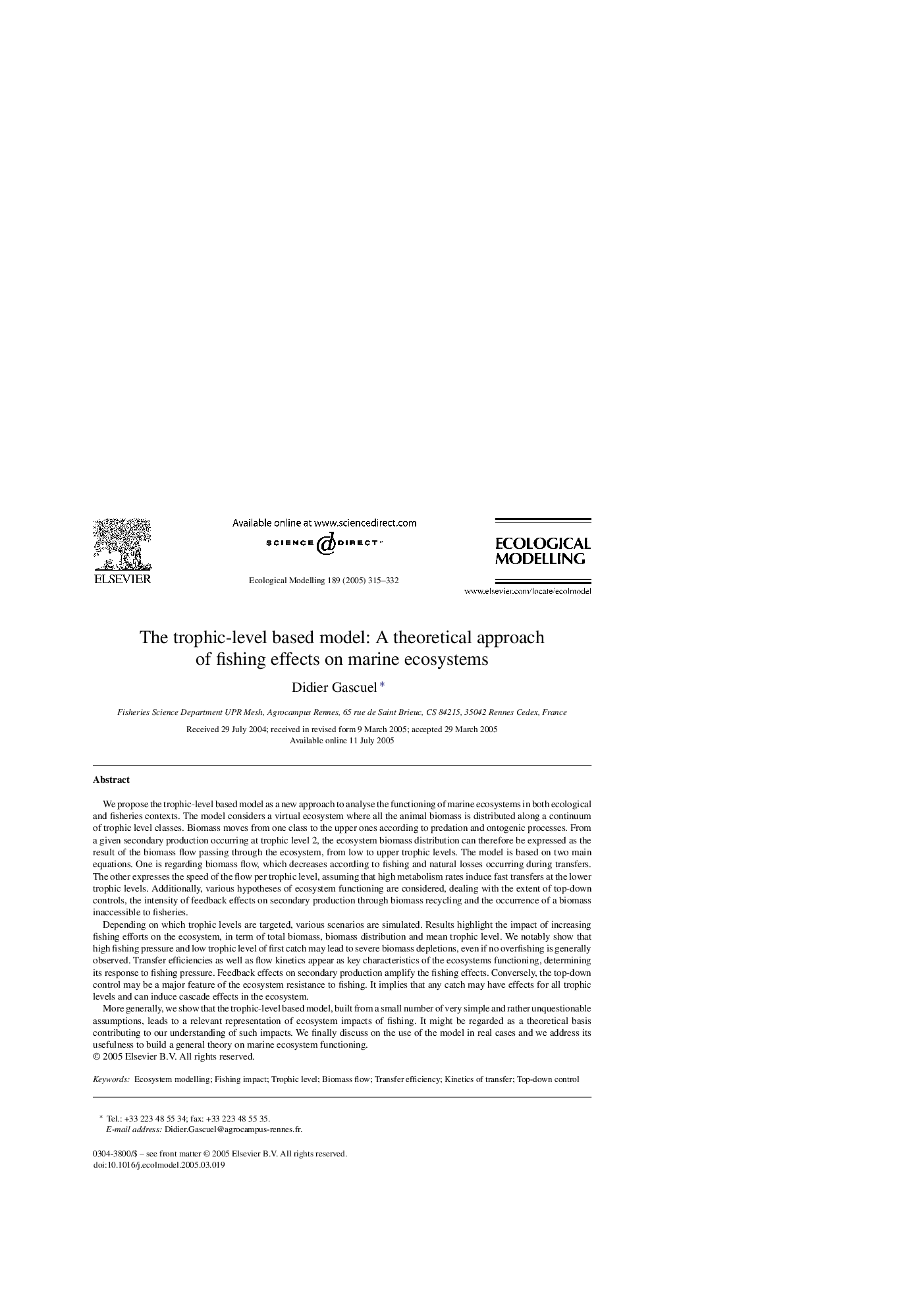 The trophic-level based model: A theoretical approach of fishing effects on marine ecosystems