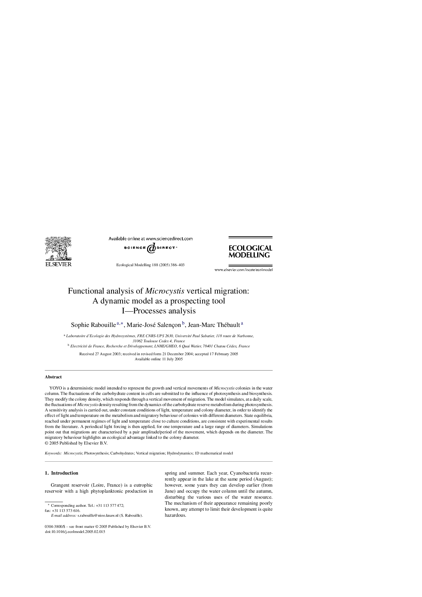 عکس صفحه اول مقاله: Functional analysis of Microcystis vertical migration: A dynamic model as a prospecting tool Functional analysis of Microcystis vertical migration: A dynamic model as a prospecting tool