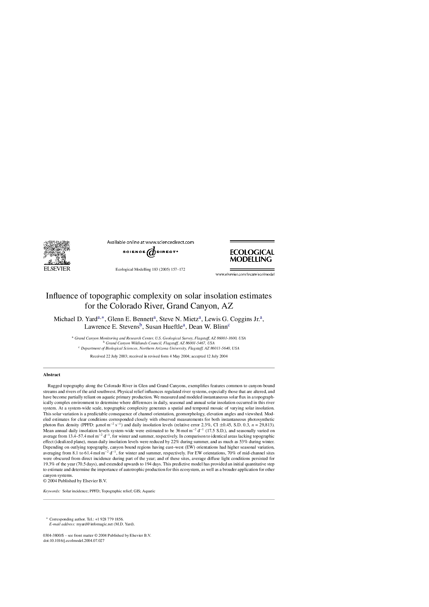 Influence of topographic complexity on solar insolation estimates for the Colorado River, Grand Canyon, AZ