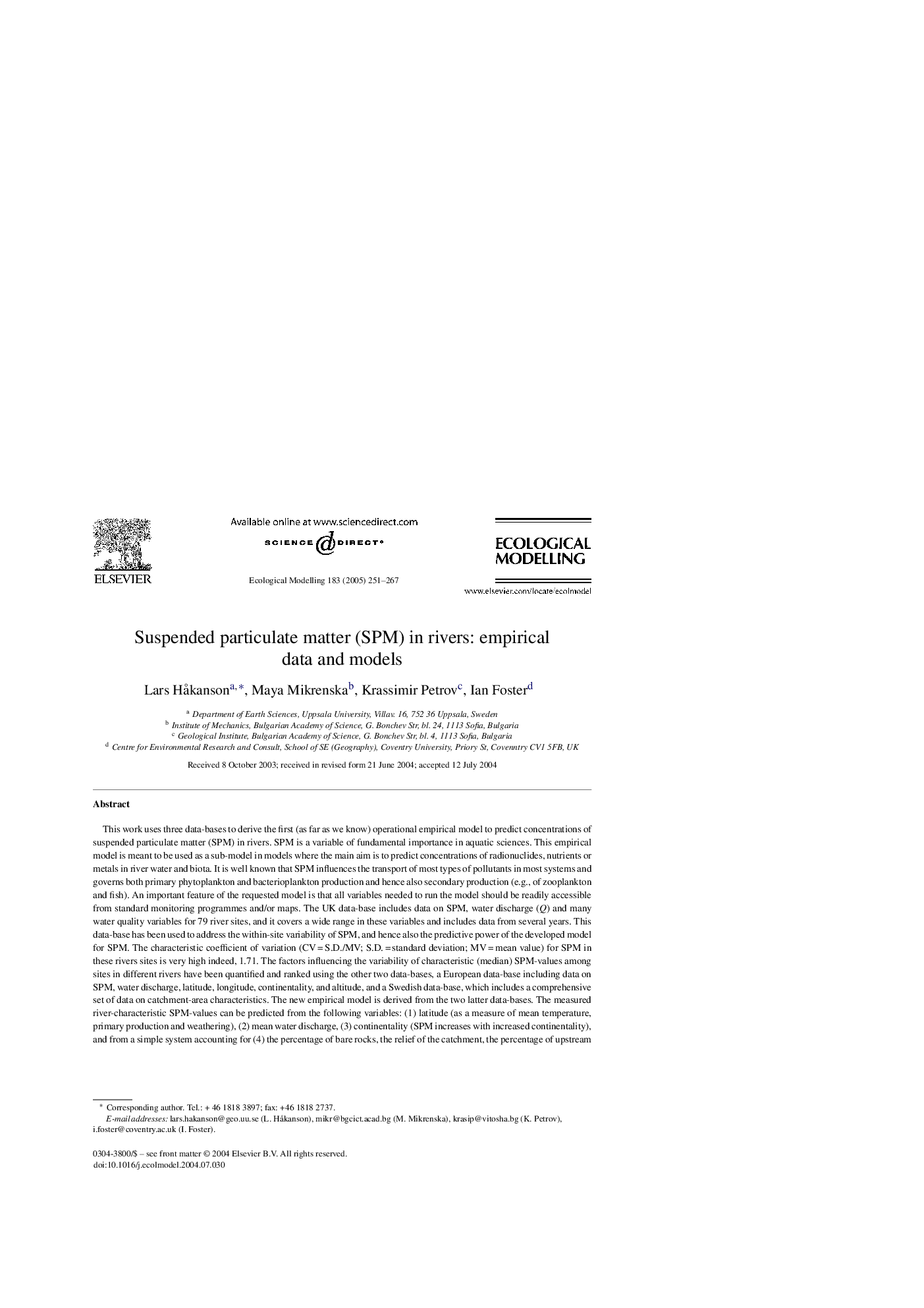 Suspended particulate matter (SPM) in rivers: empirical data and models