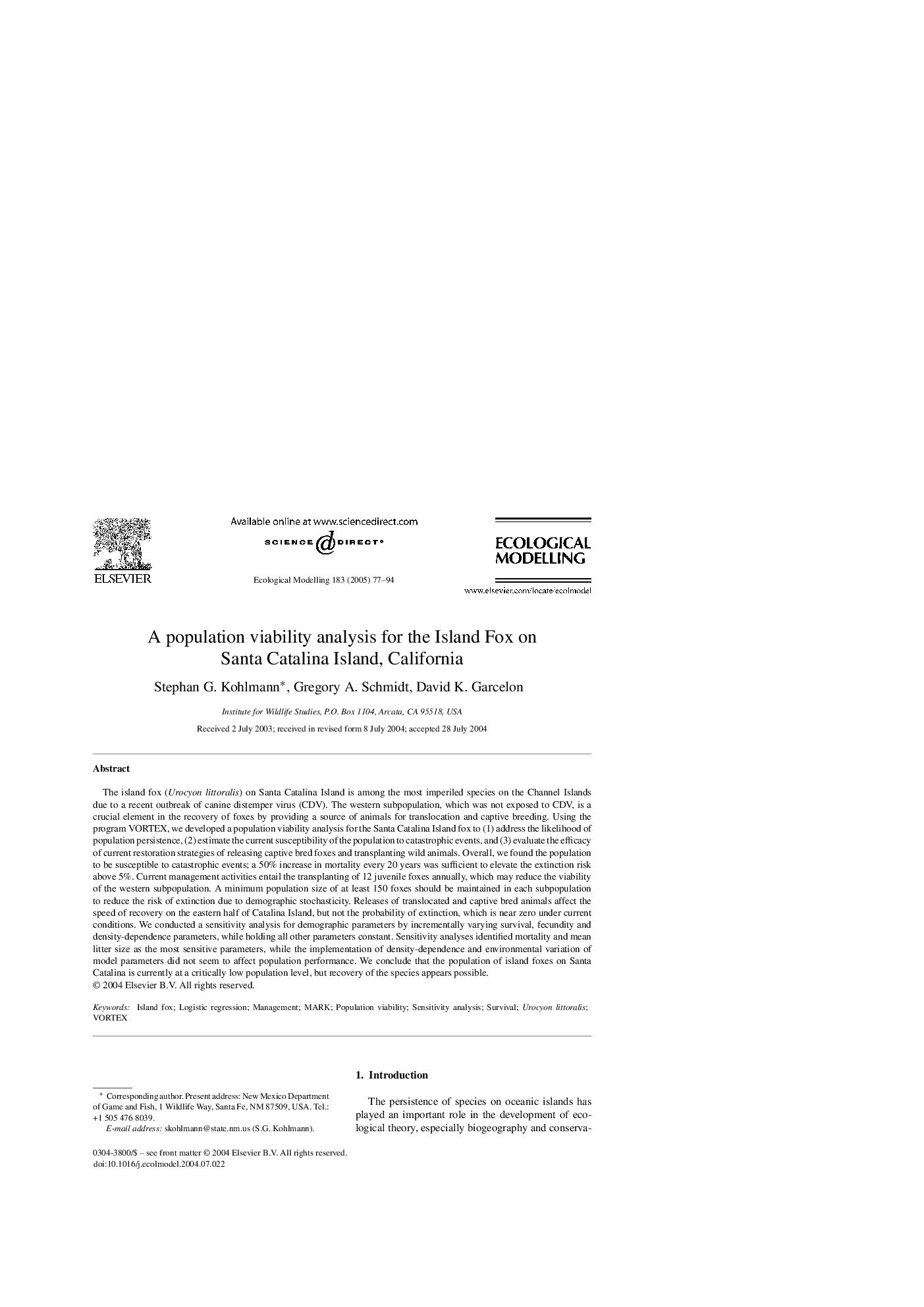 A population viability analysis for the Island Fox on Santa Catalina Island, California