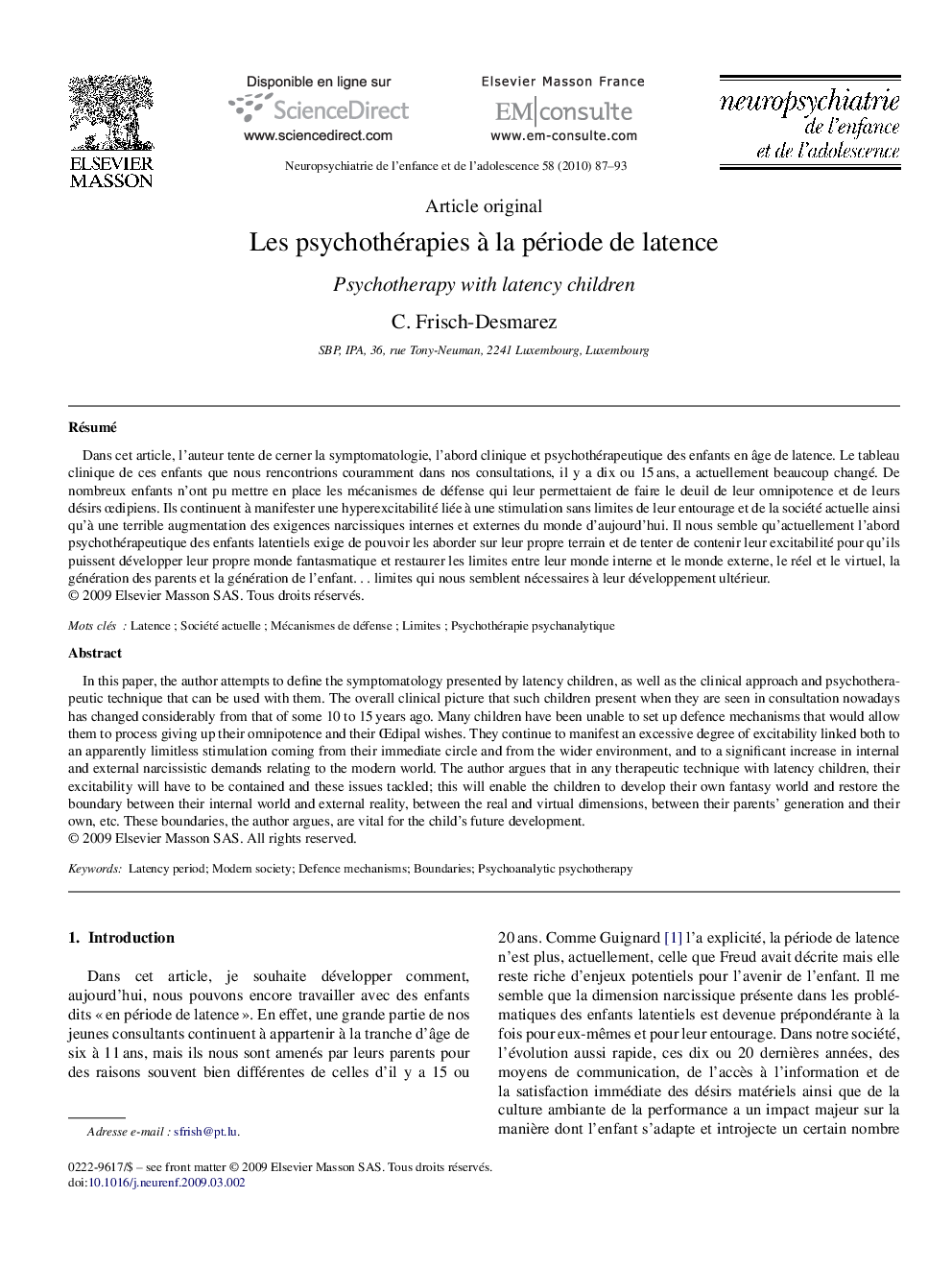 Les psychothérapies à la période de latence