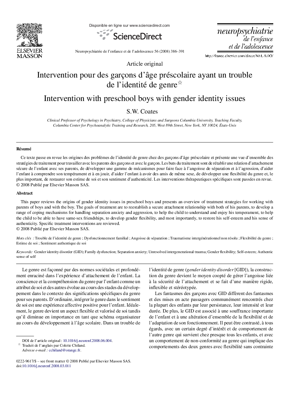 Intervention pour des garçons d’âge préscolaire ayant un trouble de l’identité de genre 