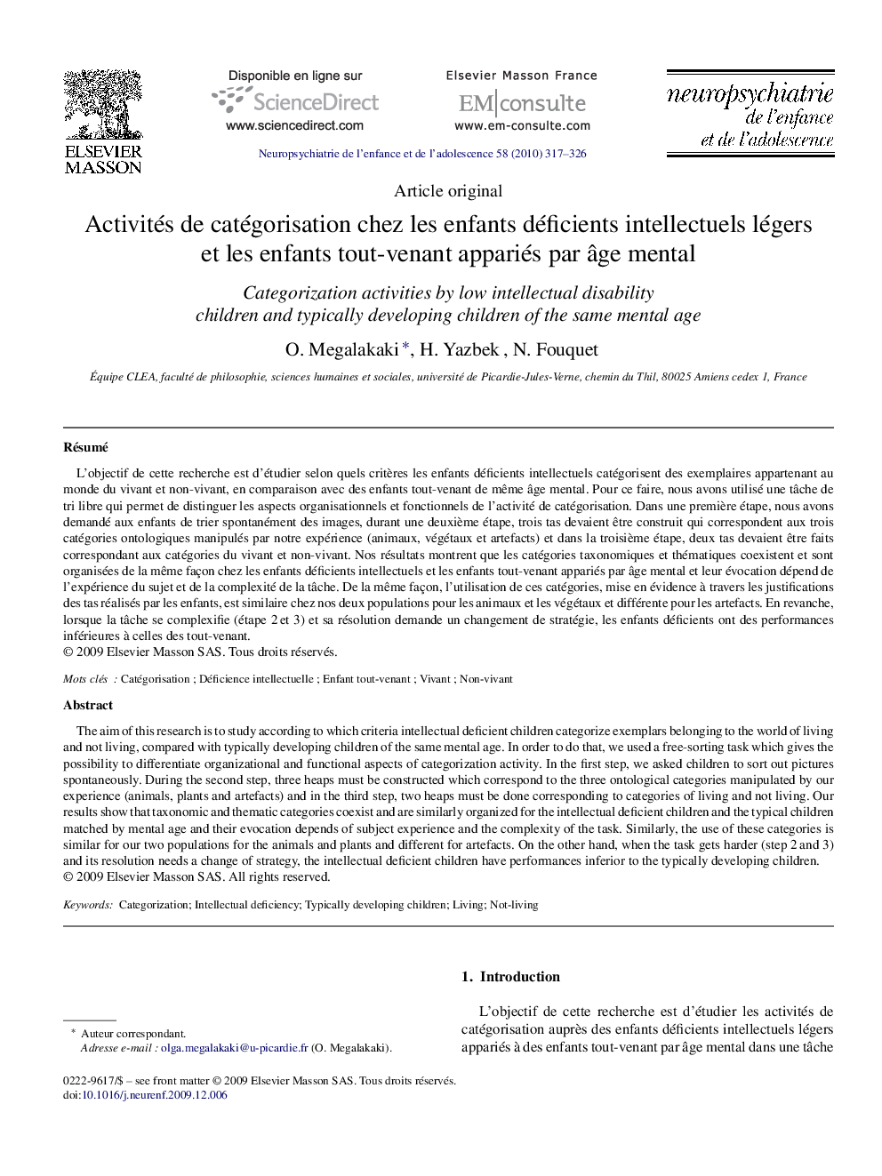 Activités de catégorisation chez les enfants déficients intellectuels légers et les enfants tout-venant appariés par âge mental