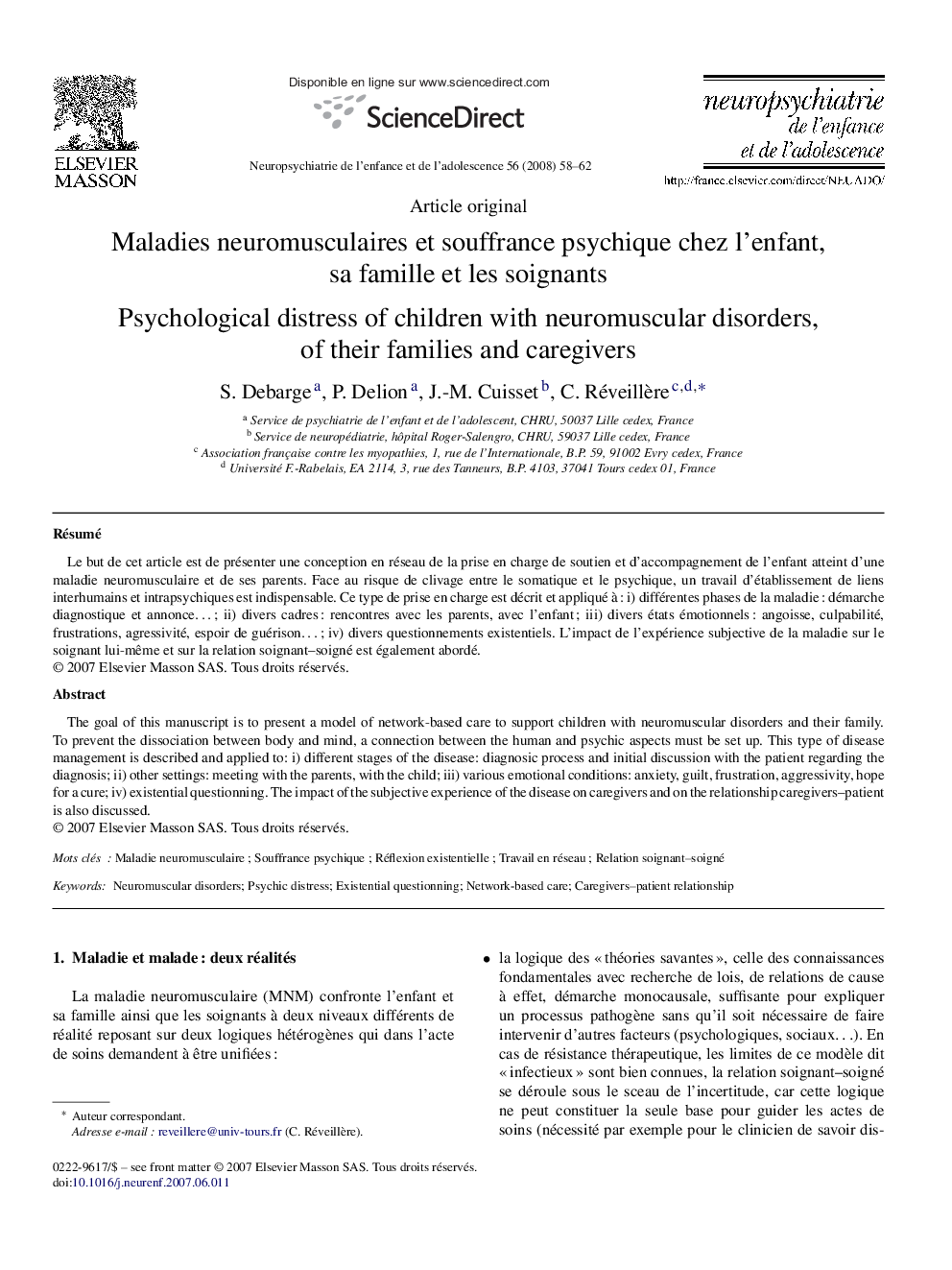 Maladies neuromusculaires et souffrance psychique chez l’enfant, sa famille et les soignants