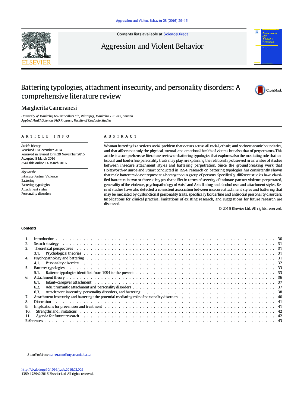 Battering typologies, attachment insecurity, and personality disorders: A comprehensive literature review