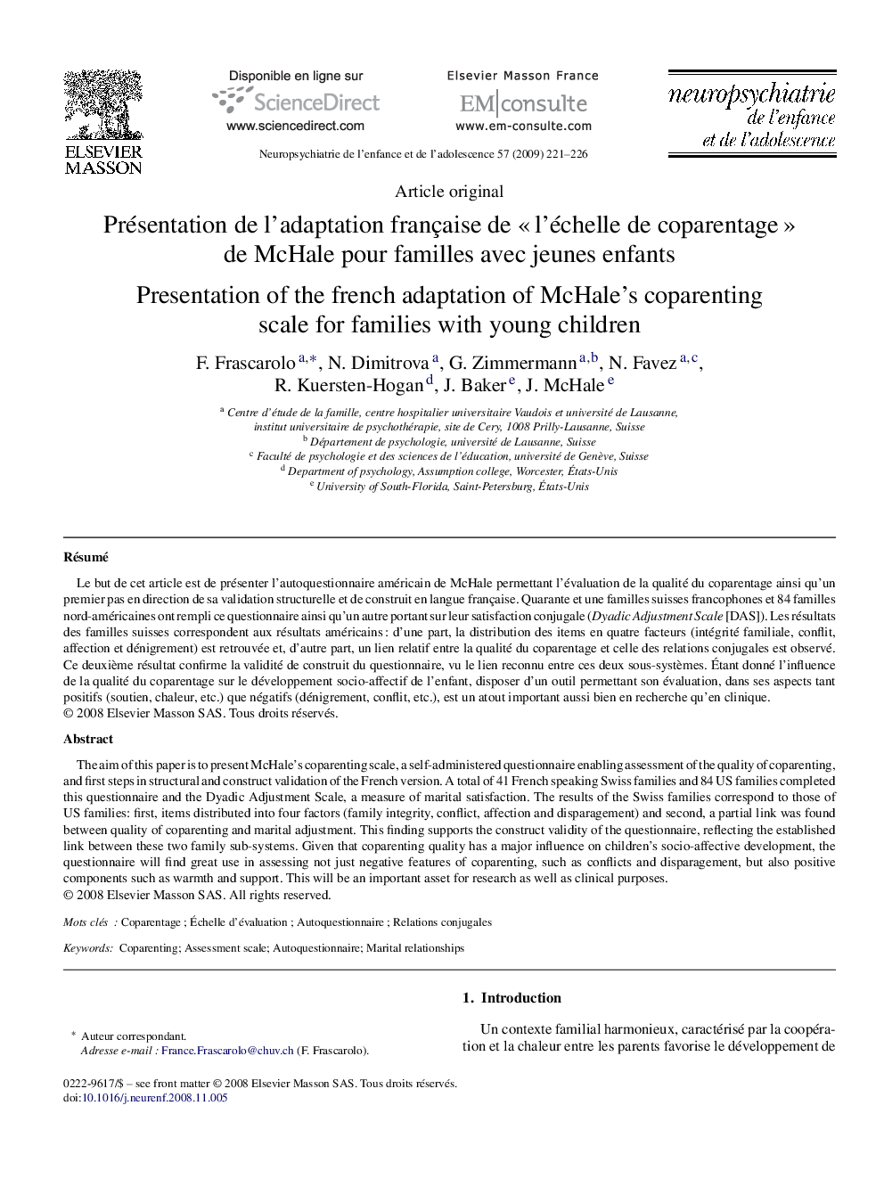 Présentation de l’adaptation française de « l’échelle de coparentage » de McHale pour familles avec jeunes enfants