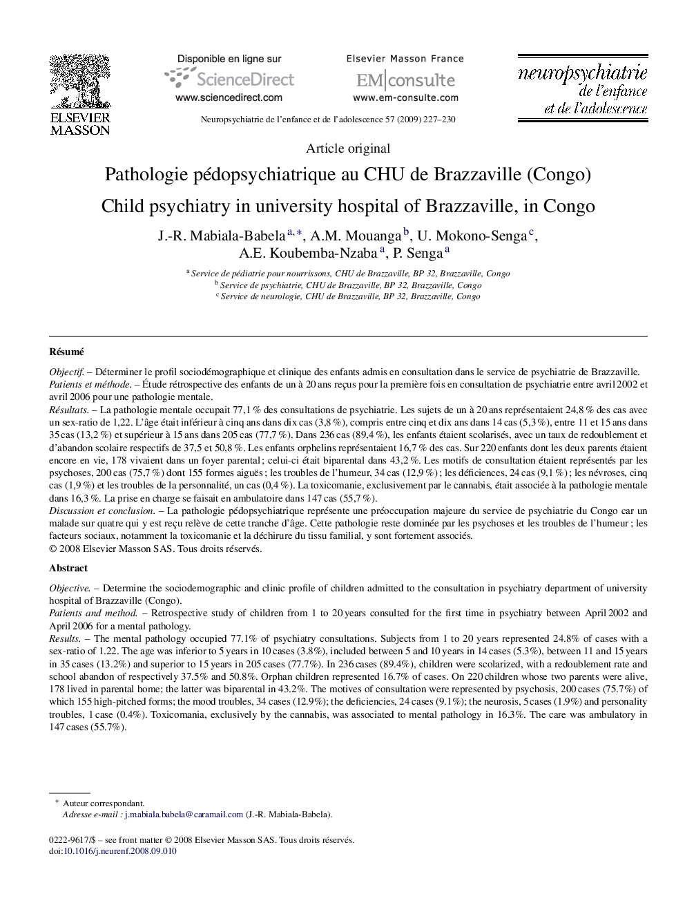 Pathologie pédopsychiatrique au CHU de Brazzaville (Congo)