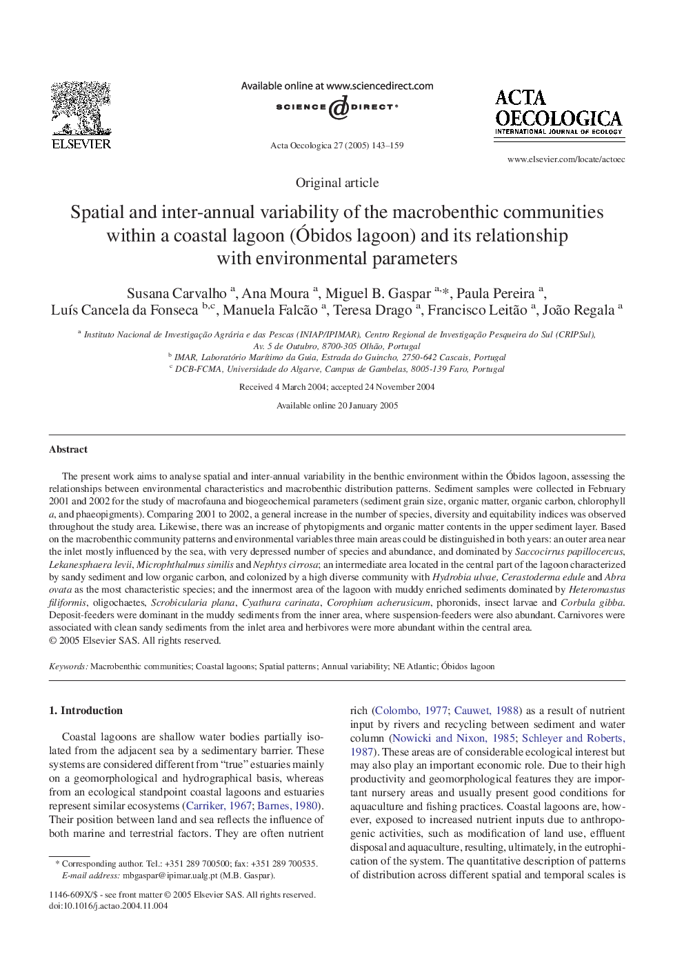 Spatial and inter-annual variability of the macrobenthic communities within a coastal lagoon (Ãbidos lagoon) and its relationship with environmental parameters