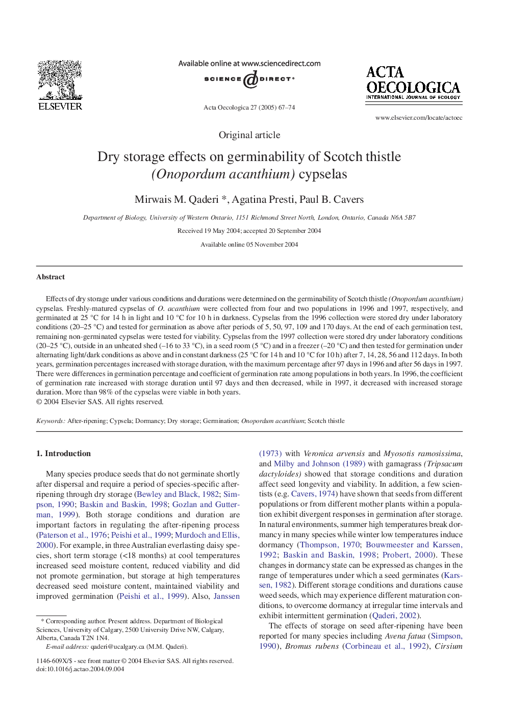 Dry storage effects on germinability of Scotch thistle (Onopordum acanthium) cypselas