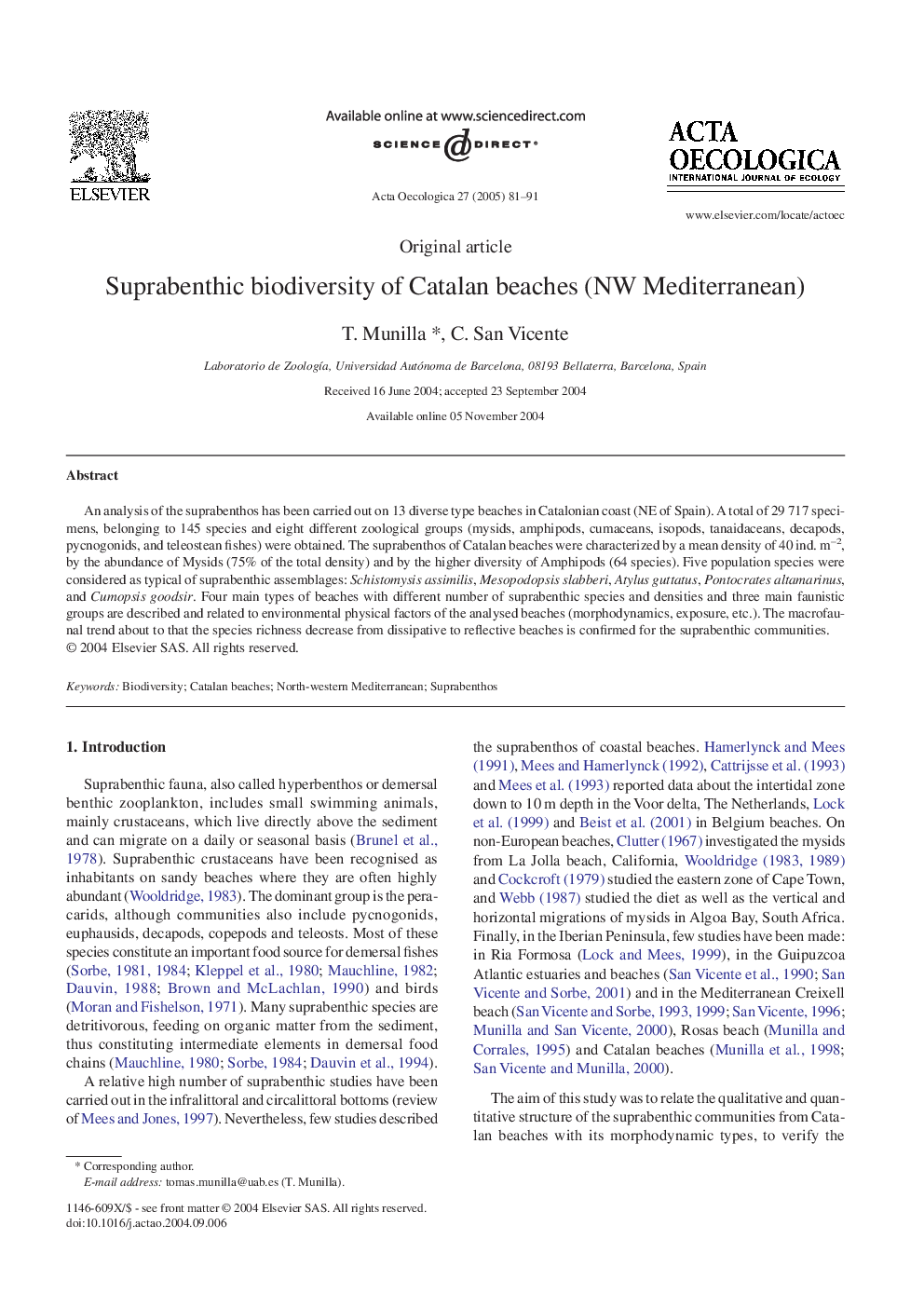 Suprabenthic biodiversity of Catalan beaches (NW Mediterranean)