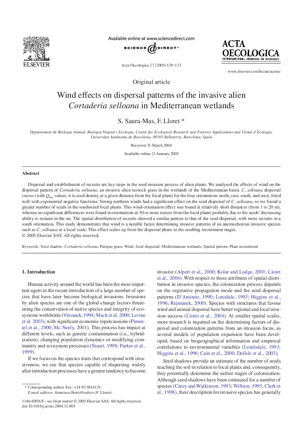 Wind effects on dispersal patterns of the invasive alien Cortaderia selloana in Mediterranean wetlands