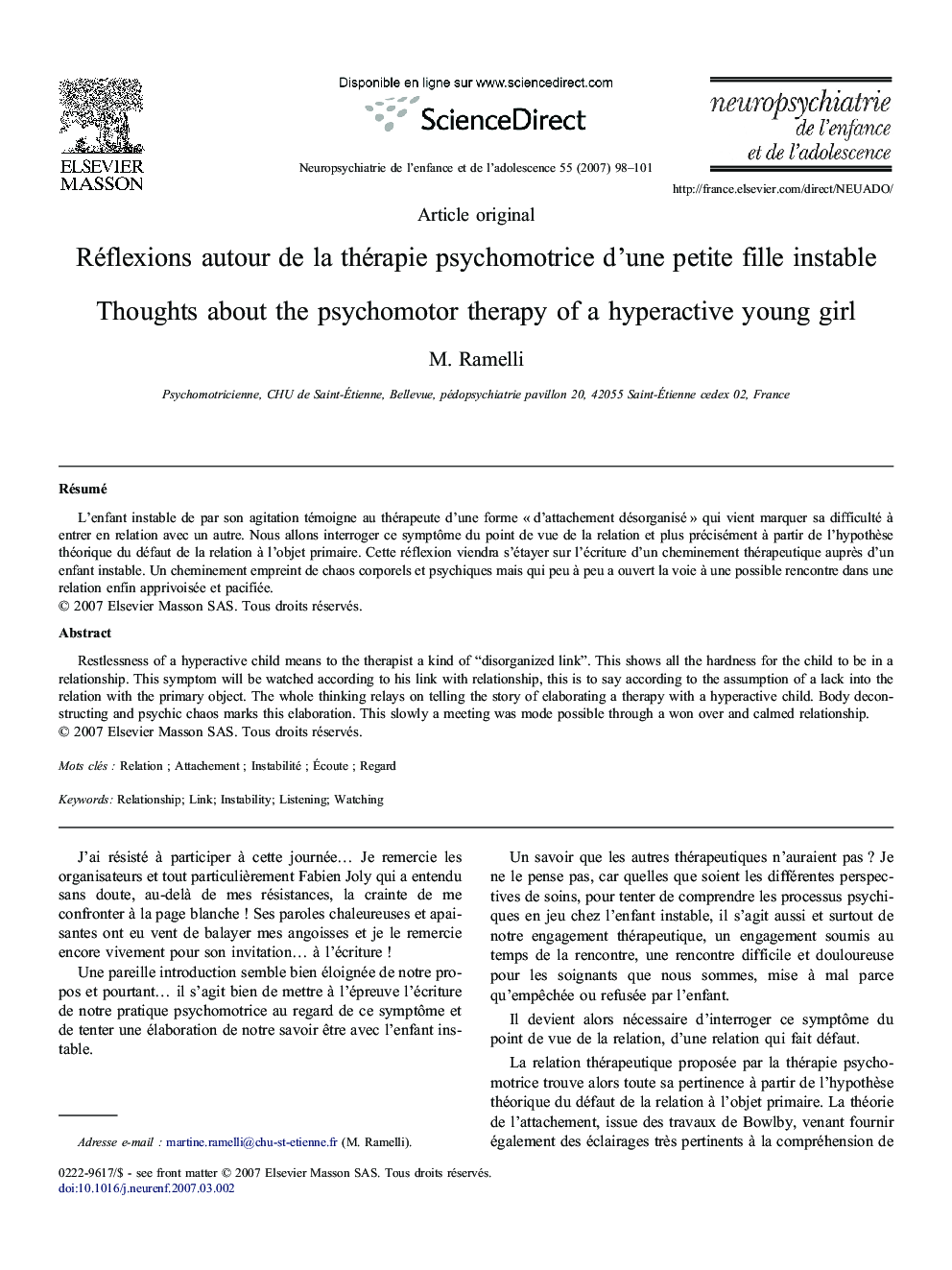 Réflexions autour de la thérapie psychomotrice d'une petite fille instable