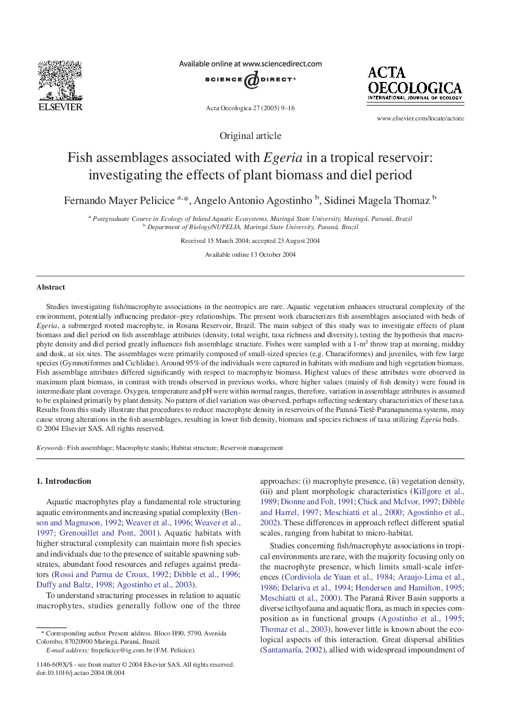 Fish assemblages associated with Egeria in a tropical reservoir: investigating the effects of plant biomass and diel period