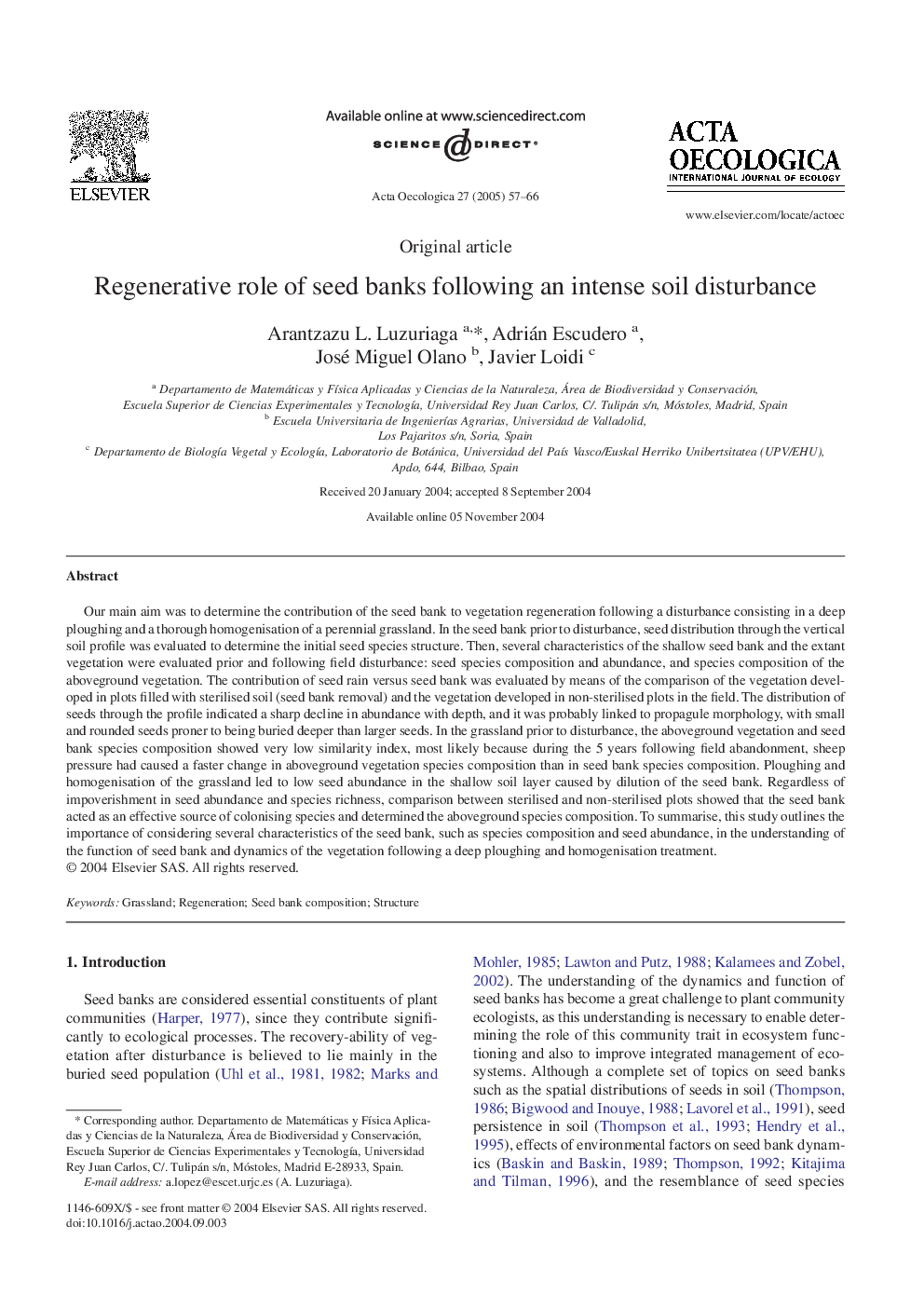 Regenerative role of seed banks following an intense soil disturbance