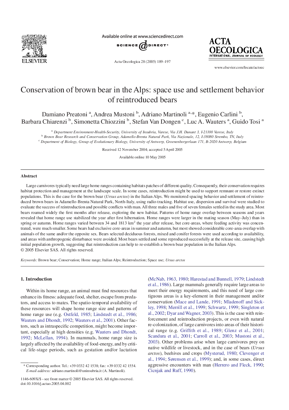 Conservation of brown bear in the Alps: space use and settlement behavior of reintroduced bears