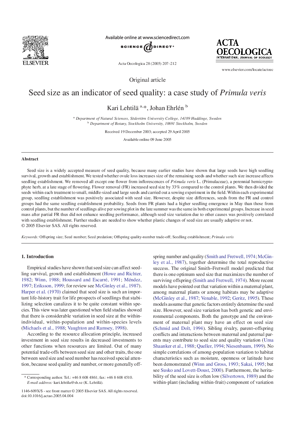 Seed size as an indicator of seed quality: a case study of Primula veris