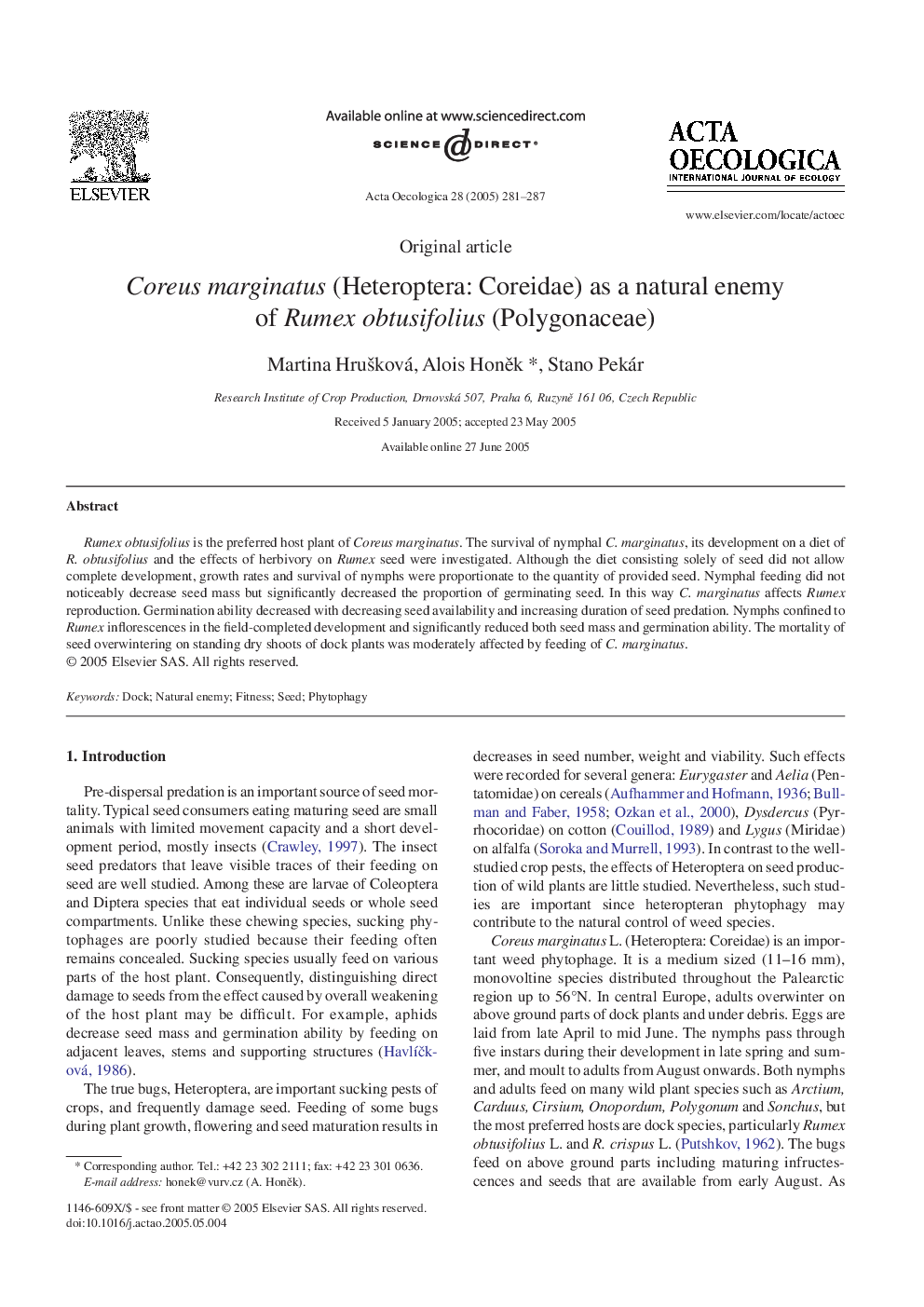 Coreus marginatus (Heteroptera: Coreidae) as a natural enemy of Rumex obtusifolius (Polygonaceae)