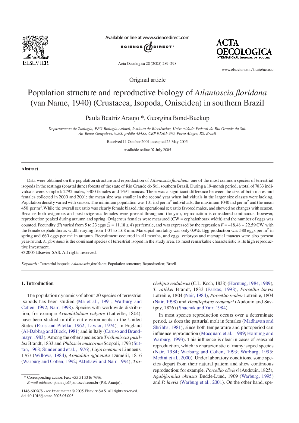 Population structure and reproductive biology of Atlantoscia floridana (van Name, 1940) (Crustacea, Isopoda, Oniscidea) in southern Brazil