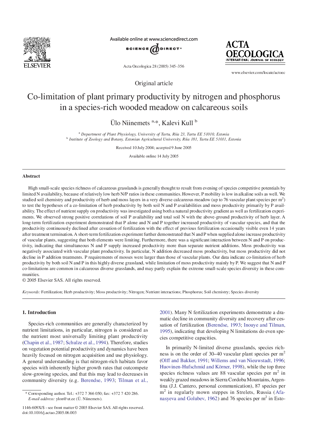 Co-limitation of plant primary productivity by nitrogen and phosphorus in a species-rich wooded meadow on calcareous soils