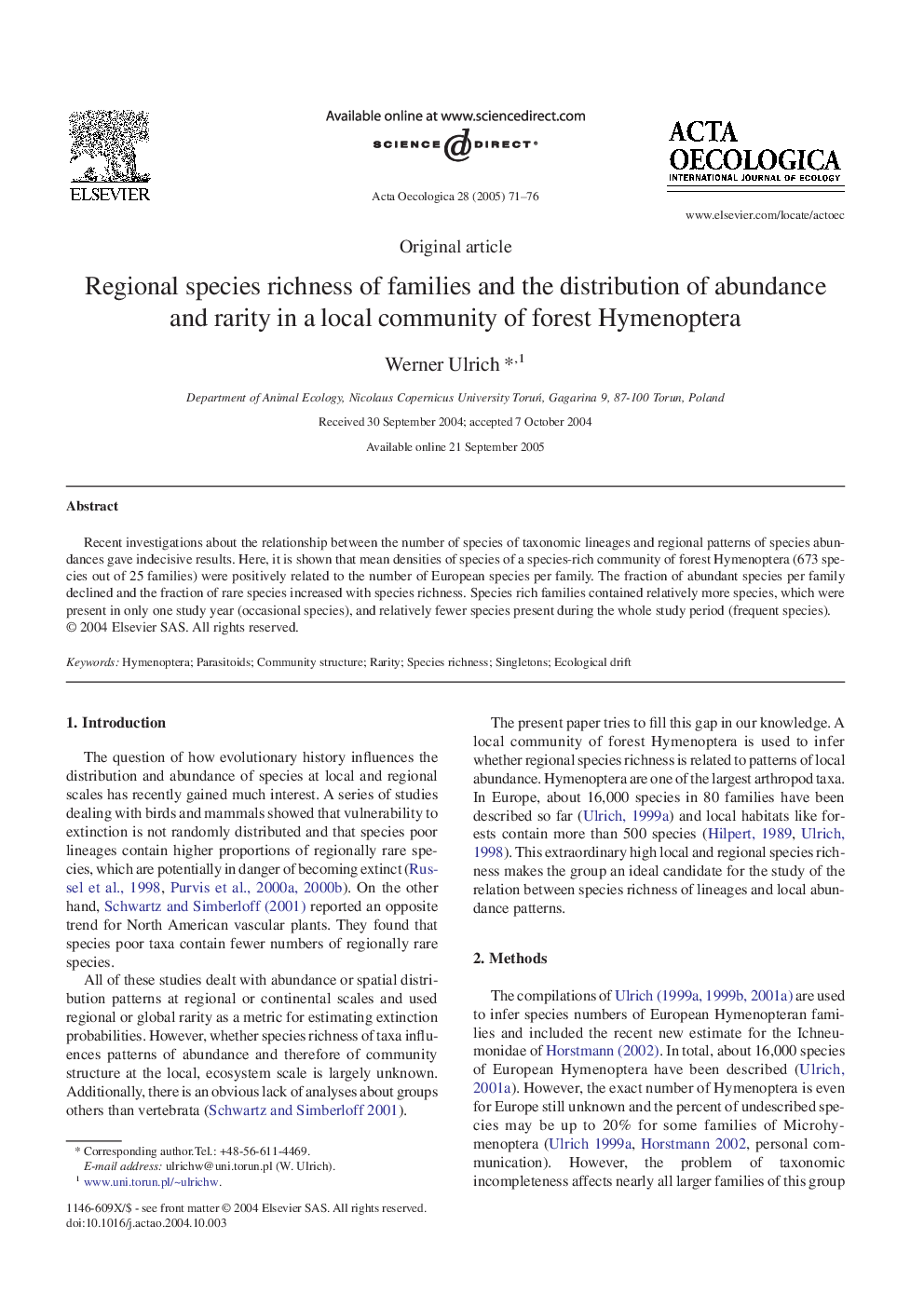 Regional species richness of families and the distribution of abundance and rarity in a local community of forest Hymenoptera