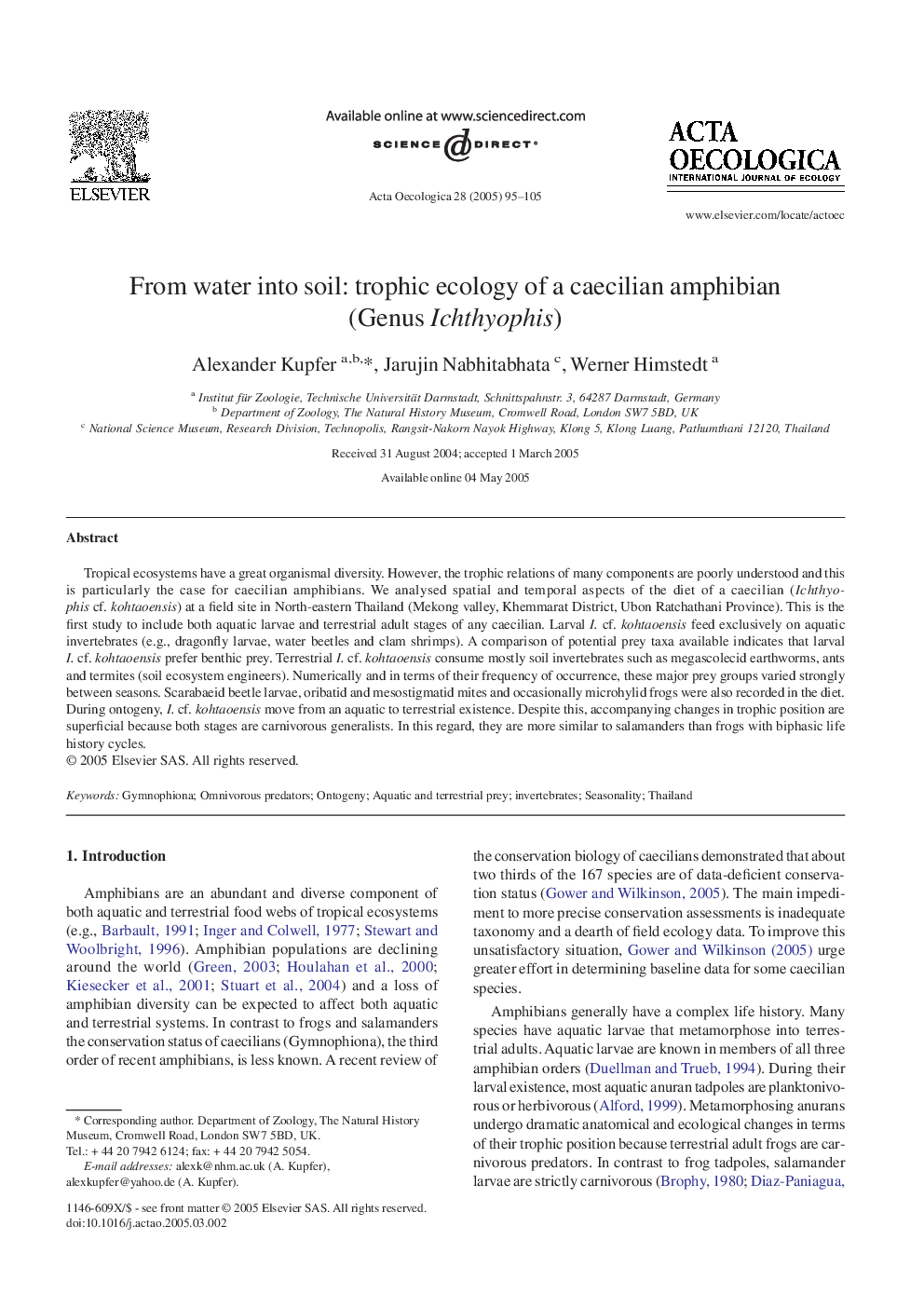 From water into soil: trophic ecology of a caecilian amphibian (Genus Ichthyophis)