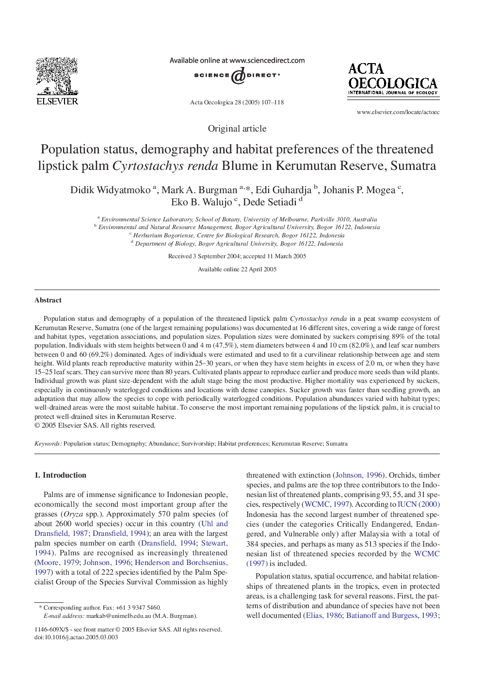 Population status, demography and habitat preferences of the threatened lipstick palm Cyrtostachys renda Blume in Kerumutan Reserve, Sumatra