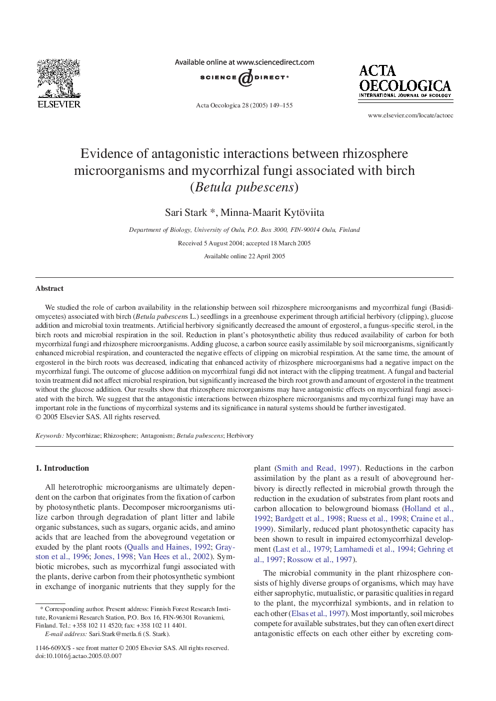 Evidence of antagonistic interactions between rhizosphere microorganisms and mycorrhizal fungi associated with birch (Betula pubescens)