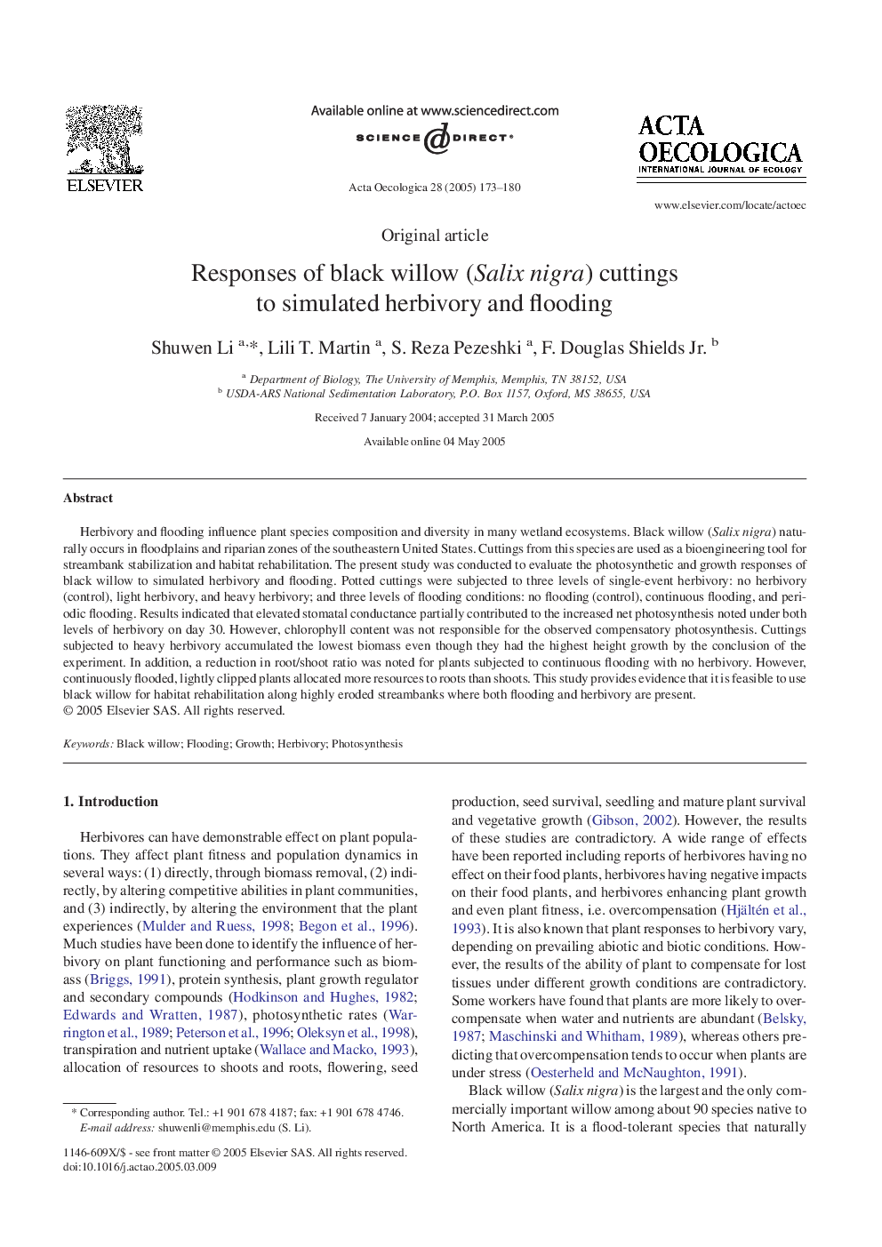 Responses of black willow (Salix nigra) cuttings to simulated herbivory and flooding