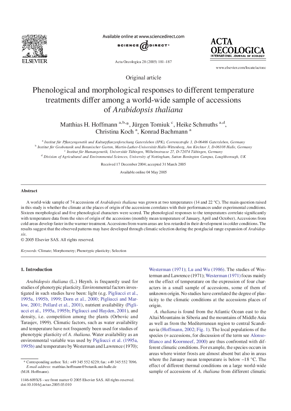 Phenological and morphological responses to different temperature treatments differ among a world-wide sample of accessions of Arabidopsis thaliana