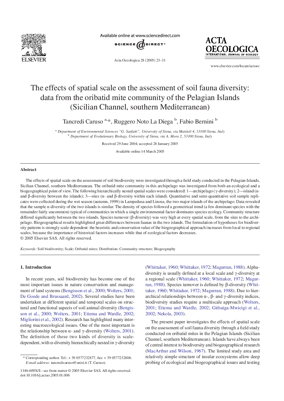 The effects of spatial scale on the assessment of soil fauna diversity: data from the oribatid mite community of the Pelagian Islands (Sicilian Channel, southern Mediterranean)