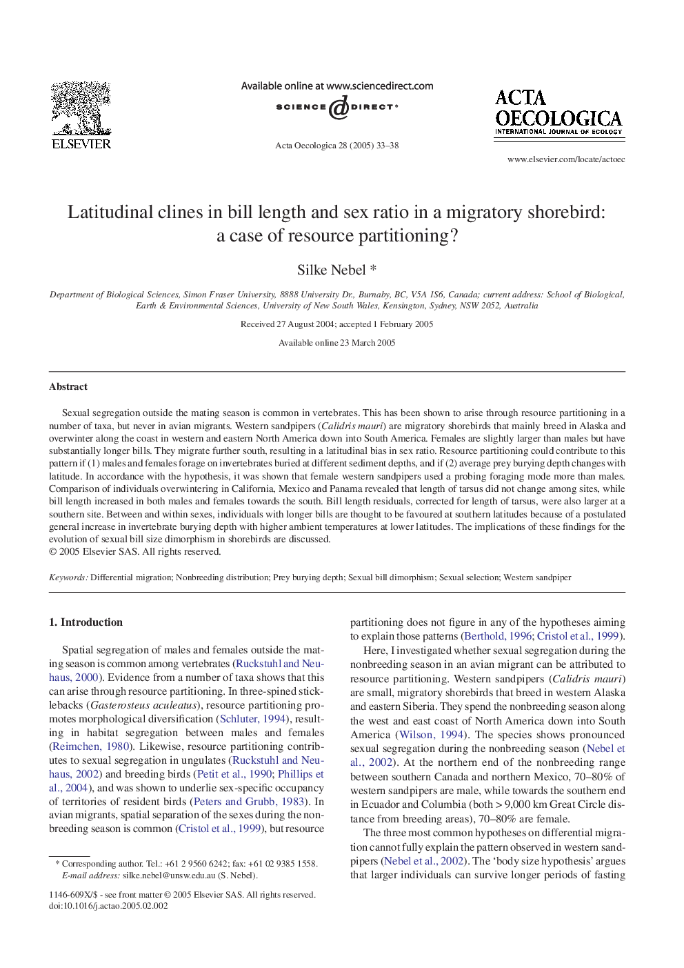 Latitudinal clines in bill length and sex ratio in a migratory shorebird: a case of resource partitioning?