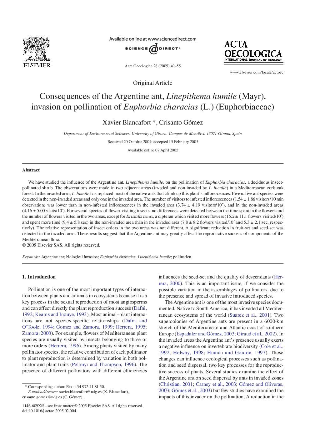 Consequences of the Argentine ant, Linepithema humile (Mayr), invasion on pollination of Euphorbia characias (L.) (Euphorbiaceae)