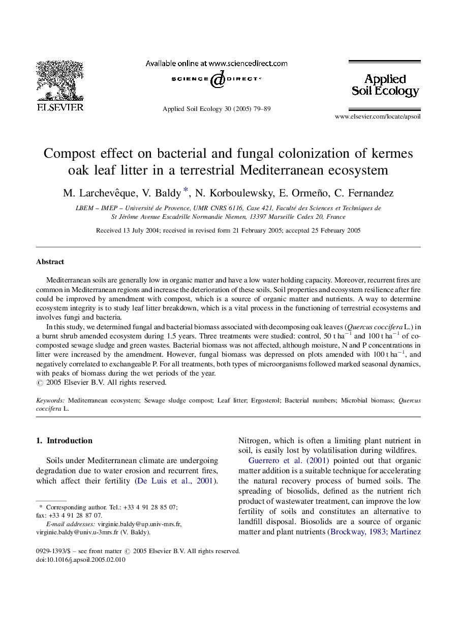 Compost effect on bacterial and fungal colonization of kermes oak leaf litter in a terrestrial Mediterranean ecosystem